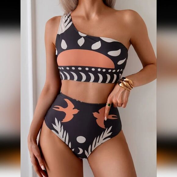 New One-Shoulder Boho Black and Orange High Waist Full Coverage Swim Set - Picture 1 of 14